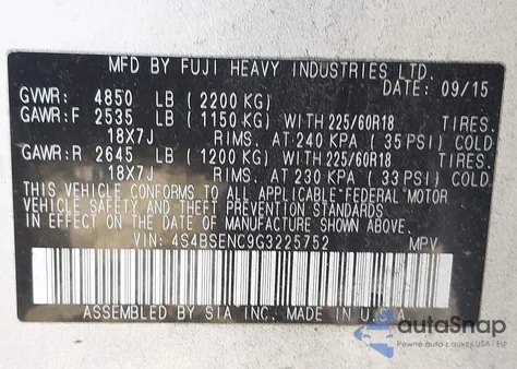 2016 Subaru Outback 3.6R Limited z USA, uszkodzony, nr VIN 4S4BSENC9G3225752